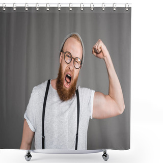 Personality  Excited Bearded Man Showing Biceps And Screaming At Camera Isolated On Grey Shower Curtains