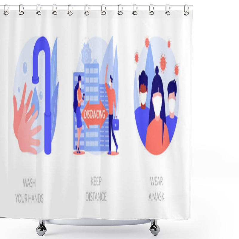 Personality  Prevent Coronavirus Spread Abstract Concept Vector Illustration Set. Wash Your Hands, Keep Distance, Wear A Mask, Virus Exposure Risk, Social Distancing, Personal Protection Abstract Metaphor. Shower Curtains