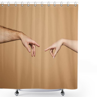 Personality  Cropped View Of Man And Woman Reaching Each Other With Fingers Isolated On Beige Shower Curtains