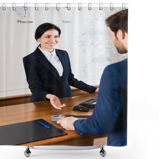 Personality  Cropped View Of Man Paying While Holding Credit Card Near Happy Receptionist In Hotel  Shower Curtains