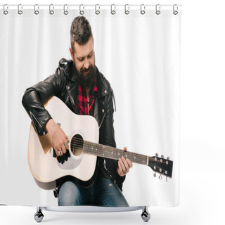 Personality  Handsome Male Musician In Black Leather Jacket Playing On Acoustic Guitar, Isolated On White Shower Curtains