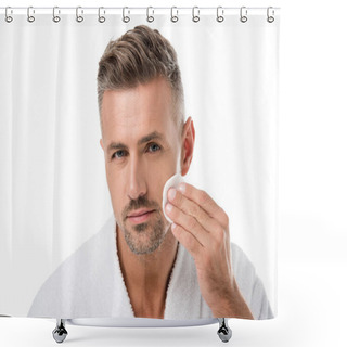 Personality  Portrait Of Handsome Man In Bathrobe Applying Tonic By Cotton Pad On Face Isolated On White Shower Curtains