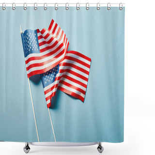 Personality  Top View Of American Flags On Sticks On Blue Background Shower Curtains