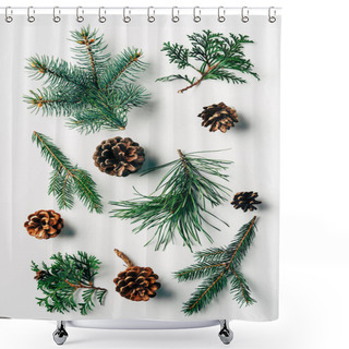 Personality  Flat Lay With Green Branches And Pine Cones Arranged On White Backdrop Shower Curtains