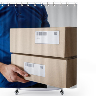 Personality  Cropped View Of Delivery Man Holding Cardboard Boxes Isolated On Grey Shower Curtains