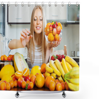 Personality  Woman Taking Fruits From Table Shower Curtains