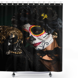 Personality  Portrait Of Woman In Halloween Catrina Makeup And Wreath Holding Skull Isolated On Black  Shower Curtains