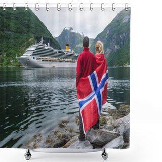 Personality  Couple On The Shore Of The Fjord Looks At A Cruise Liner, Norway Shower Curtains