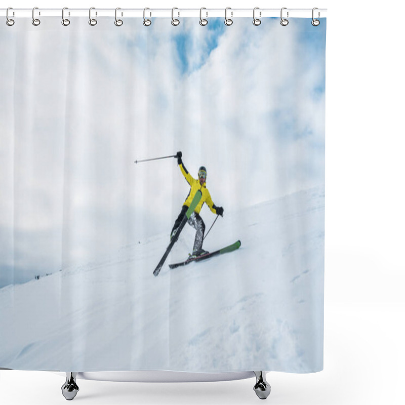 Personality  Excited Sportsman Holding Ski Sticks And Skiing On White Slope Shower Curtains