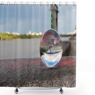 Personality  Glass Transparent Ball On Bridge Background And Grainy Surface. With Empty Space Shower Curtains