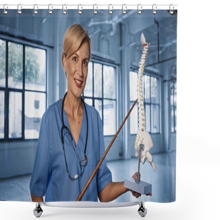 Personality  Smiling Doctor With Pointer Holding Spine Model In Clinic  Shower Curtains