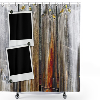 Personality  Two Blank Photos On Wood Background Shower Curtains
