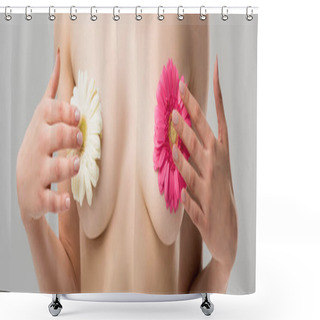 Personality  Panoramic Shot Of Naked Woman With Flowers On Nipples Isolated On Grey Shower Curtains
