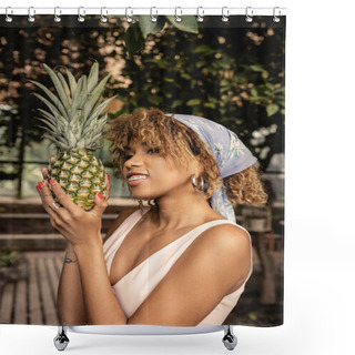 Personality  Portrait Of Smiling And Stylish African American Woman With Braces In Headscarf Holding Fresh Pineapple And Looking Away While Standing In Blurred Greenhouse, Fashion-forward Lady In Tropical Oasis Shower Curtains