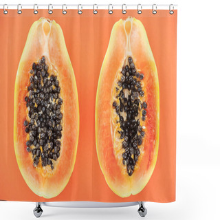 Personality  Top View Of Ripe Exotic Papaya Halves With Black Seeds Isolated On Orange Shower Curtains