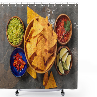 Personality  Top View Of Mexican Nachos Served With Guacamole, Limes, Chili Peppers And Salsa On Stone Table Shower Curtains