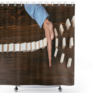 Personality  Top View View Of Man Preventing Wooden Blocks From Falling At Table Shower Curtains