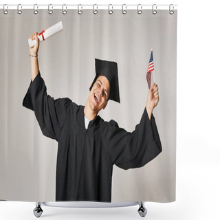 Personality  American Student In Graduate Outfit Happy To Have Completed His Studies On Grey Background Shower Curtains