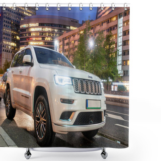 Personality  Warsaw, Poland-April 2018: New SUV Jeep Grand Cherokee Model Against The Background Of Modern Buildings In Warsaw Shower Curtains