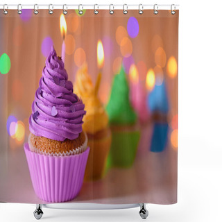 Personality  Cupcake With Purple Cream Icing And Candle Shower Curtains