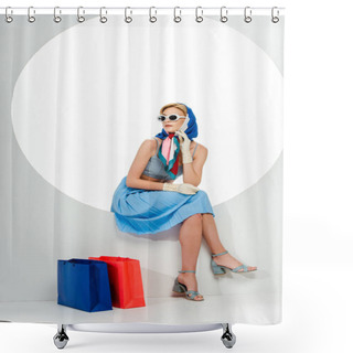 Personality  Fashionable Girl In Sunglasses And Headscarf Sitting In Circle Near Shopping Bags On White Background  Shower Curtains