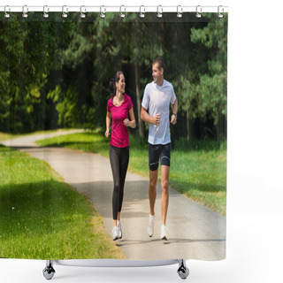 Personality  Cheerful Couple Friends Running In Park Shower Curtains