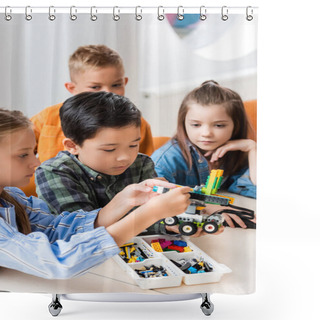 Personality  Selective Focus Of Multiethnic Kids With Building Blocks Modeling Robot In Stem School   Shower Curtains