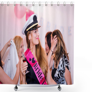 Personality  Bride And Bridesmaids Celebrating Hen Party   Shower Curtains