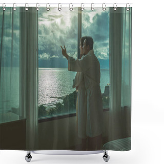 Personality  Asian Lovers In Bathrobe Suit Hugging And Sightseeing The Sea Beach When Waking Up From The Bed In Luxury Hotel In Morning, Life Style And Holiday With Couple Concept Shower Curtains