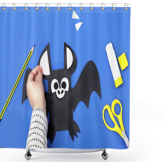 Personality  Halloween Handmade Decor. Child Makes Funny Paper Bat. Children's Art Project. Step 5. Top View, Flat Lay Shower Curtains