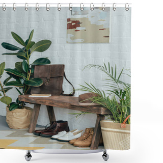 Personality  Different Shoes Under Wooden Bench In Corridor At Home, Potted Plants On Floor Shower Curtains