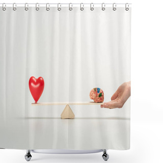 Personality  Cropped View Of Woman Holding Seesaw With Human Brain And Red Heart On White  Shower Curtains
