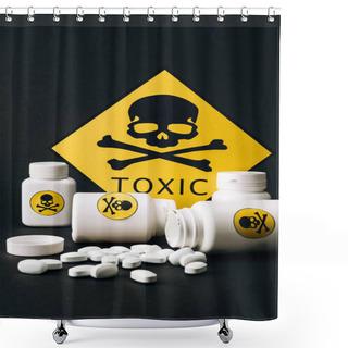 Personality  Toxic Sign With Jars And Pills Isolated On Black Shower Curtains