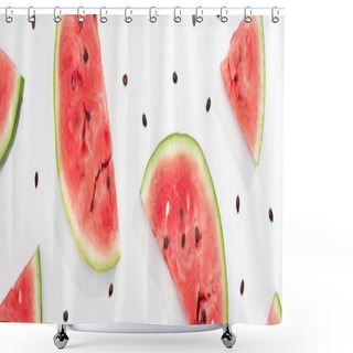 Personality  Panoramic Shot Of Fresh Tasty Watermelon Slices On White Background Shower Curtains