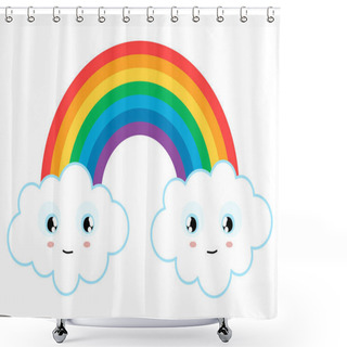 Personality  Eps Vector Illustration With Wonderful Colored Rainbow With White Clouds With Nice Smiling Faces At The Ends Shower Curtains