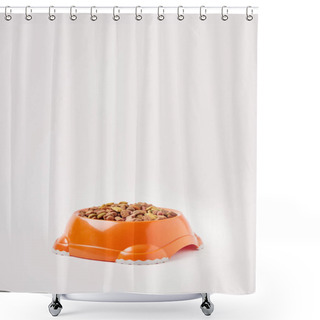 Personality  Close Up View Of Plastic Bowl With Pet Food On White Shower Curtains