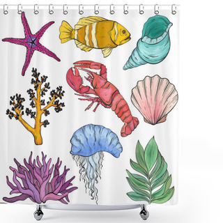 Personality  Vector Sea Creatures Set. Wild Life Sea Inhabitants Shower Curtains