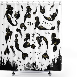 Personality  Set Of Silhouettes Of Mermaids And Sea Animals. Shower Curtains