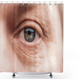 Personality  Close Up View Of Mature Man Eye With Eyelashes And Eyebrow Looking At Camera Shower Curtains