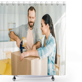 Personality  Handsome Husband And Wife Packing Cardboard Box With Scotch Tape, Moving Concept Shower Curtains