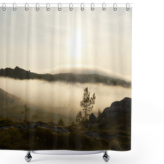 Personality  Susnset In The Foggy Mountains Shower Curtains