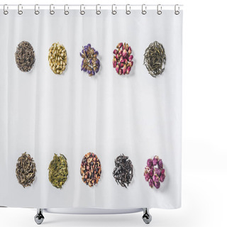 Personality  Lines Of Dried Herbal Organic Tea Isolated On White Shower Curtains