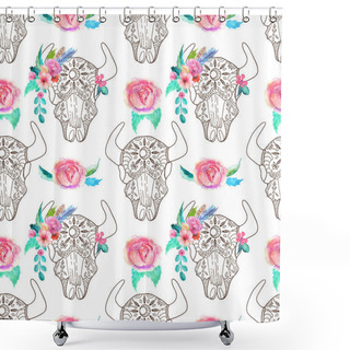 Personality  Doodle Bull Skull With Watercolor Flowers And Feathers, Seamless Shower Curtains