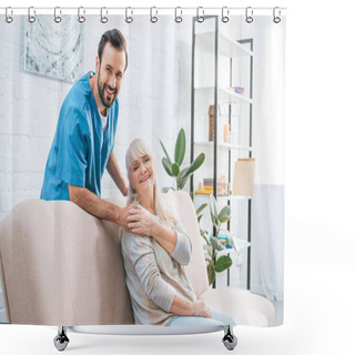 Personality  Happy Senior Woman And Young Social Worker Smiling At Camera Together Shower Curtains