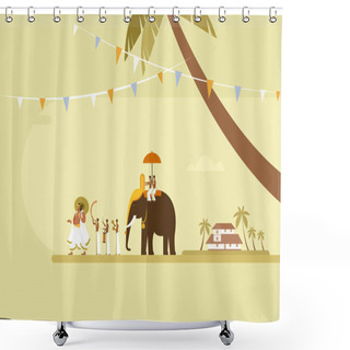 Personality  Conceptual Illustration Of King 'Mahabali' Walking With People Playing Percussion Instruments And And An Elephant. Concept For Onam Festival In Kerala, India Shower Curtains