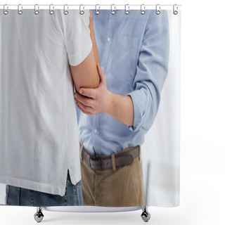 Personality  Cropped View Of Men Consoling Another Man During Therapy Meeting Shower Curtains