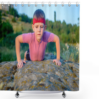 Personality  Young Boy Doing Push-ups On A Rock Shower Curtains