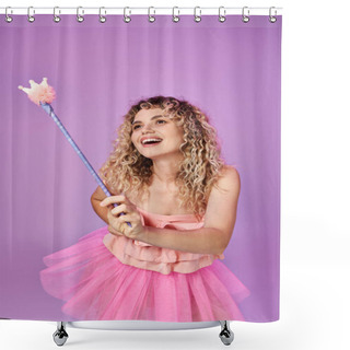 Personality  Beautiful Woman In Pink Dress Casting Spell With Magic Wand And Looking Away, Tooth Fairy Concept Shower Curtains