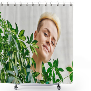 Personality  Plant Lover, Portrait Of Happy Young Woman With Radiant Smile And Trendy Hairstyle Looking At Camera Near Green Plant In Living Room, Sustainable Home Decor And Green Living Concept Shower Curtains