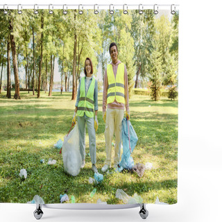 Personality  A Socially Active, Loving Couple In Safety Vests And Gloves Stands In The Grass, Cleaning The Park Together. Shower Curtains